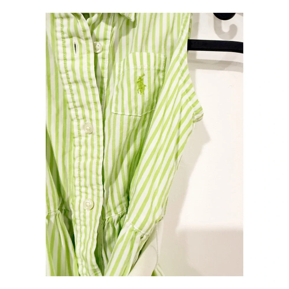 Ralph Lauren Girls Green White Striped Sleeveless Shirt Dress Sash Belt Size 6X